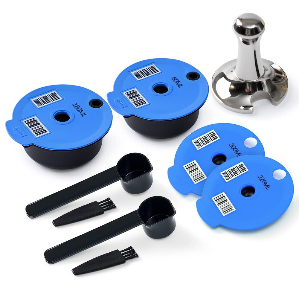 Tas simo Refillable Pods 60+180ML+Extra Silicone Lids 200+220ML, Reusable Coffee Pods Compatible with Tas simo Machine, BENFUCHEN Reusable Tas simo Pods with A Stainless Steel Tas simo Coffee Tamper