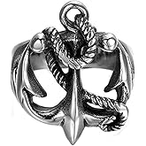 JAJAFOOK Silver-Tone Tone Black Anchor Signet Nautical Rope Stainless Steel Men's Ring,Retro Biker Punk (7)