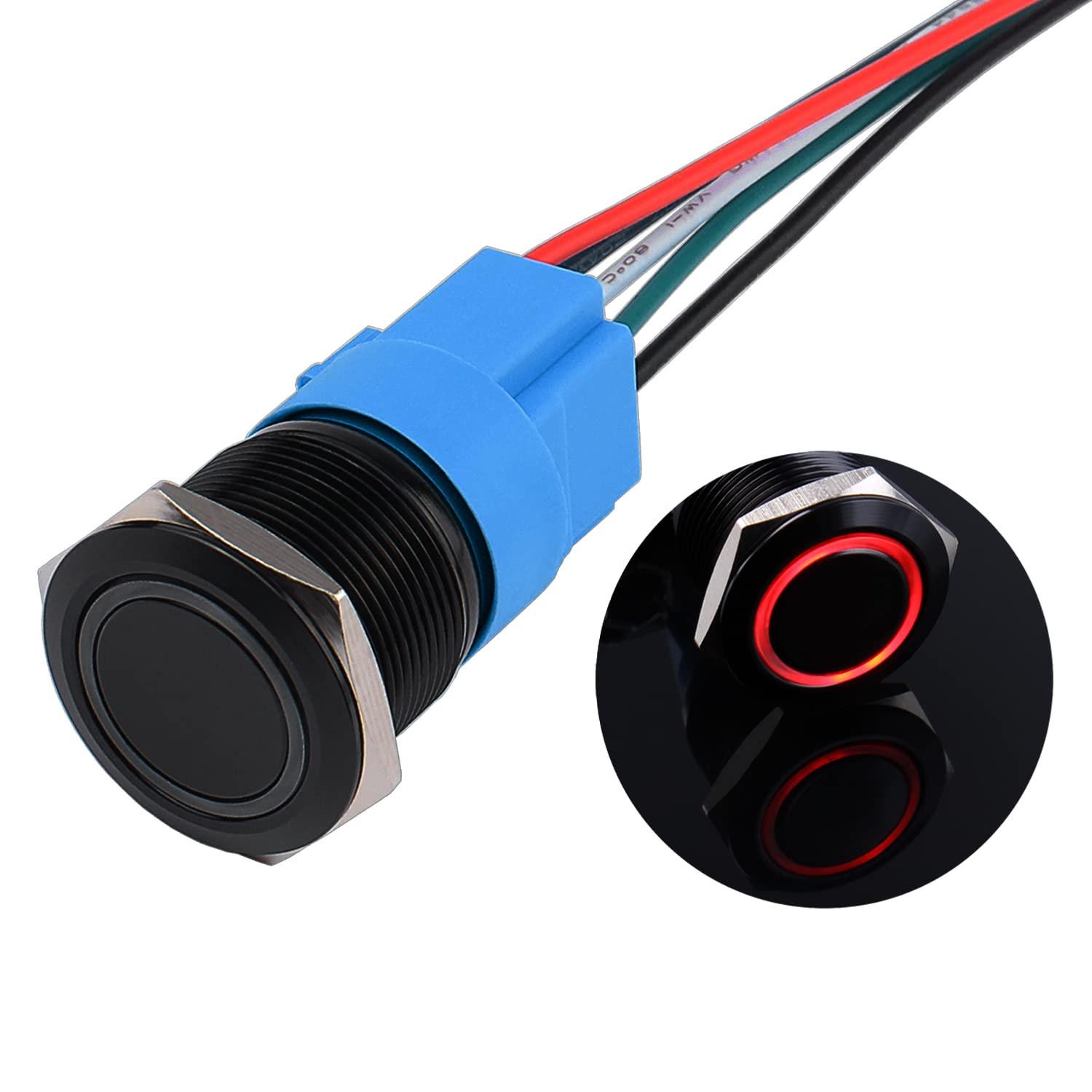 JIQI 22mm Momentary Waterproof Push Button Switch 12V to 24V 5A ON/OFF Button Switch with LED Lighting Black Metal Housing IP66 1NO1NC Prewired Momentary Push Button for Automotive DIY Car (Red)