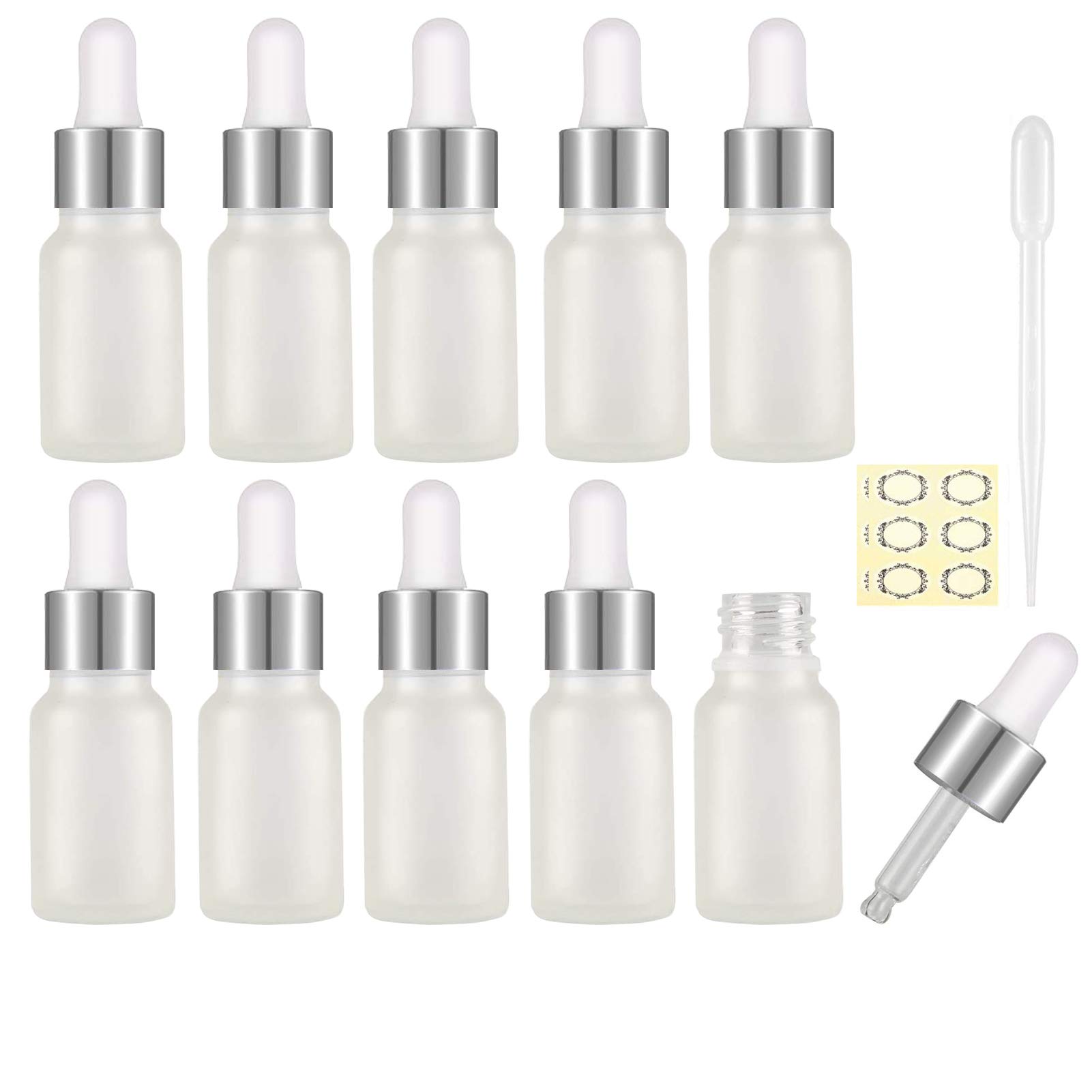 Alledomain 10Pcs, 5Ml Frosted Glass Bottles with Dropper Pipettes, Mini Empty Dropper Bottles Silver Metal Cap Refillable Sample Container for Essential Oil/Aromatherapy Blends/Chemical Liquid