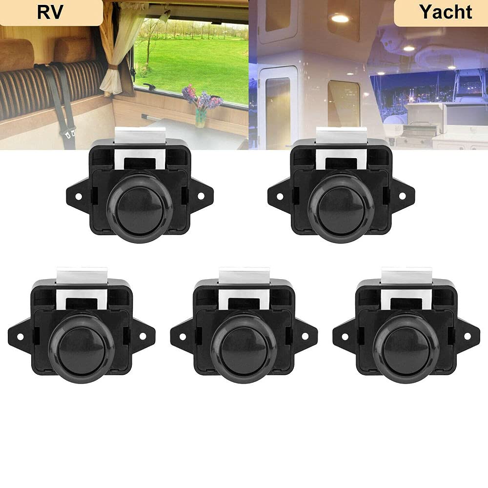 5PCS Push Button Latch Catch Push Door Lock,Keyless Door Lock Pop Up Cupboard Door Knob Latch Chrome for Boat RV Motorhome Caravan Camper Furniture (Black Big Style)