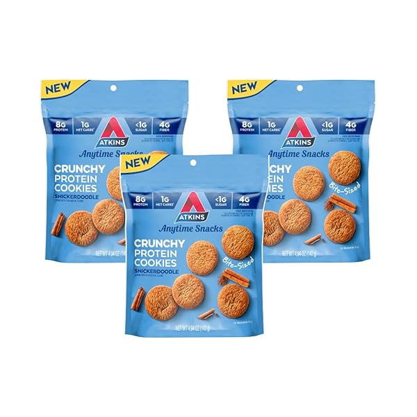 ATKINS BITE-SIZED CRUNCHY PROTEIN COOKIES, SNICKERDOODLE, 8G PROTEIN, 4G FIBER, 1G NET CARB, 1G SUGAR, KETO FRIENDLY, 3 BAGS (5 SERVINGS PER BAG)