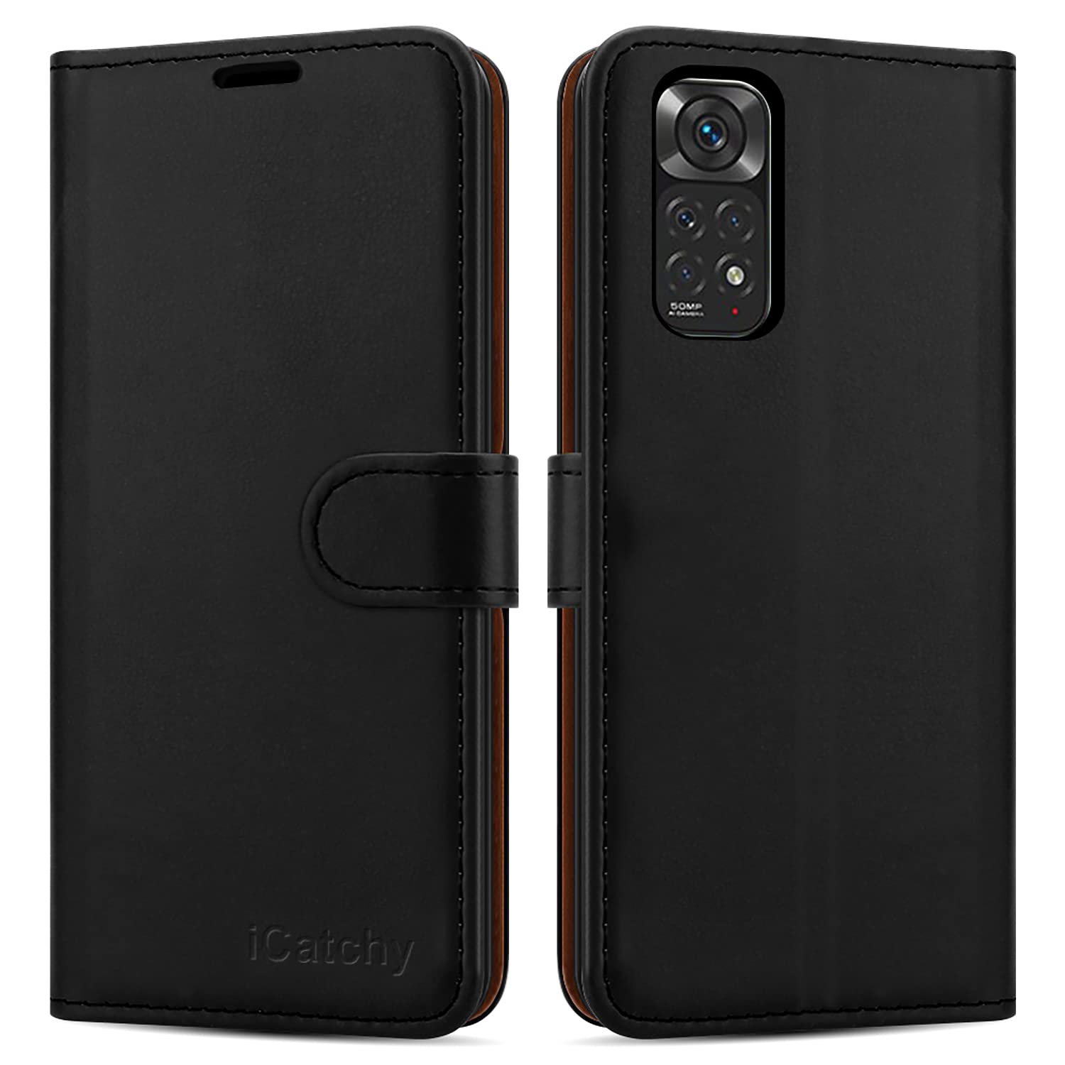 iCatchy for Xiaomi Redmi Note 11 Case Leather Wallet Book Flip Folio Stand View Cover with Card Slots and Kickstand for Redmi Note 11 Phone Cover (Black)
