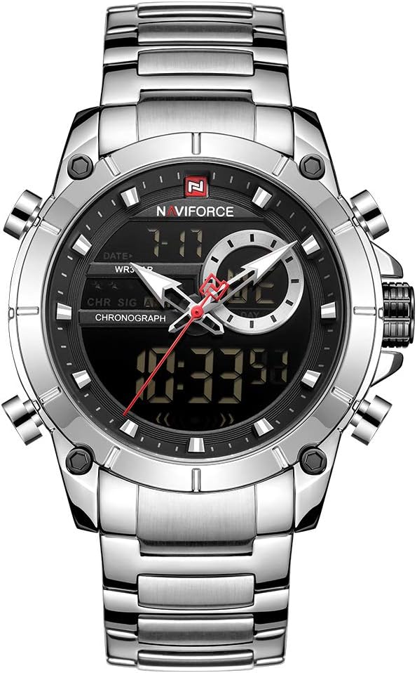 CIGOO Stainless Steel Band Quartz Electronic Wristwatch Professional 3ATM Water Resistant GMT Time Multifunctional Luminous Double Movements Chronograph Man Watch NF9163 Silvery