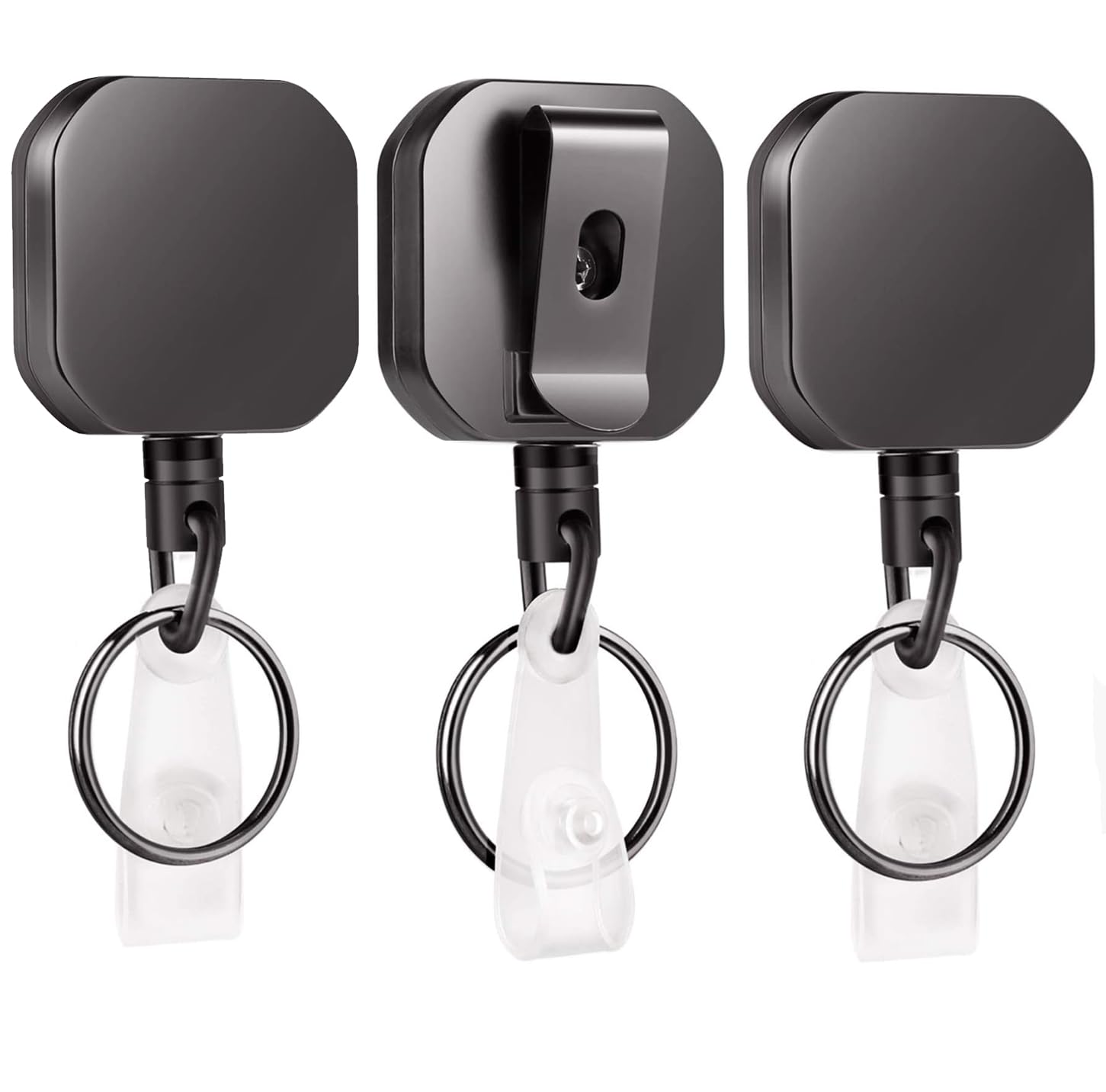WLHGH Badge Holder, 3 Pack Heavy Duty Metal ID Badge Holder Key Reel with Belt Clip Key Ring for Name Card Keychain (Glossy Black)
