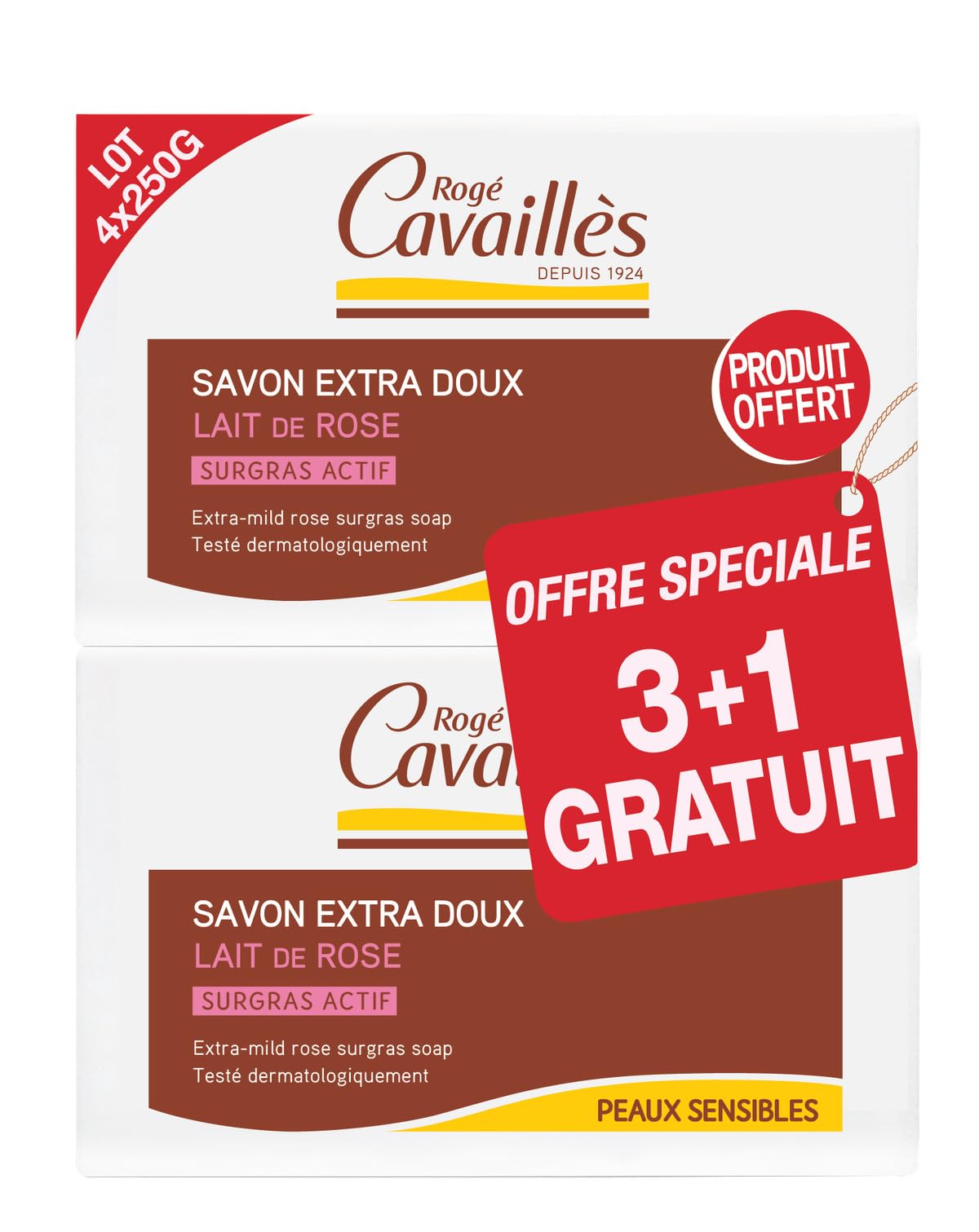 Rogé Cavaillès Extra-Mild Soap Rose Milk 3 x 250g + 1 Free