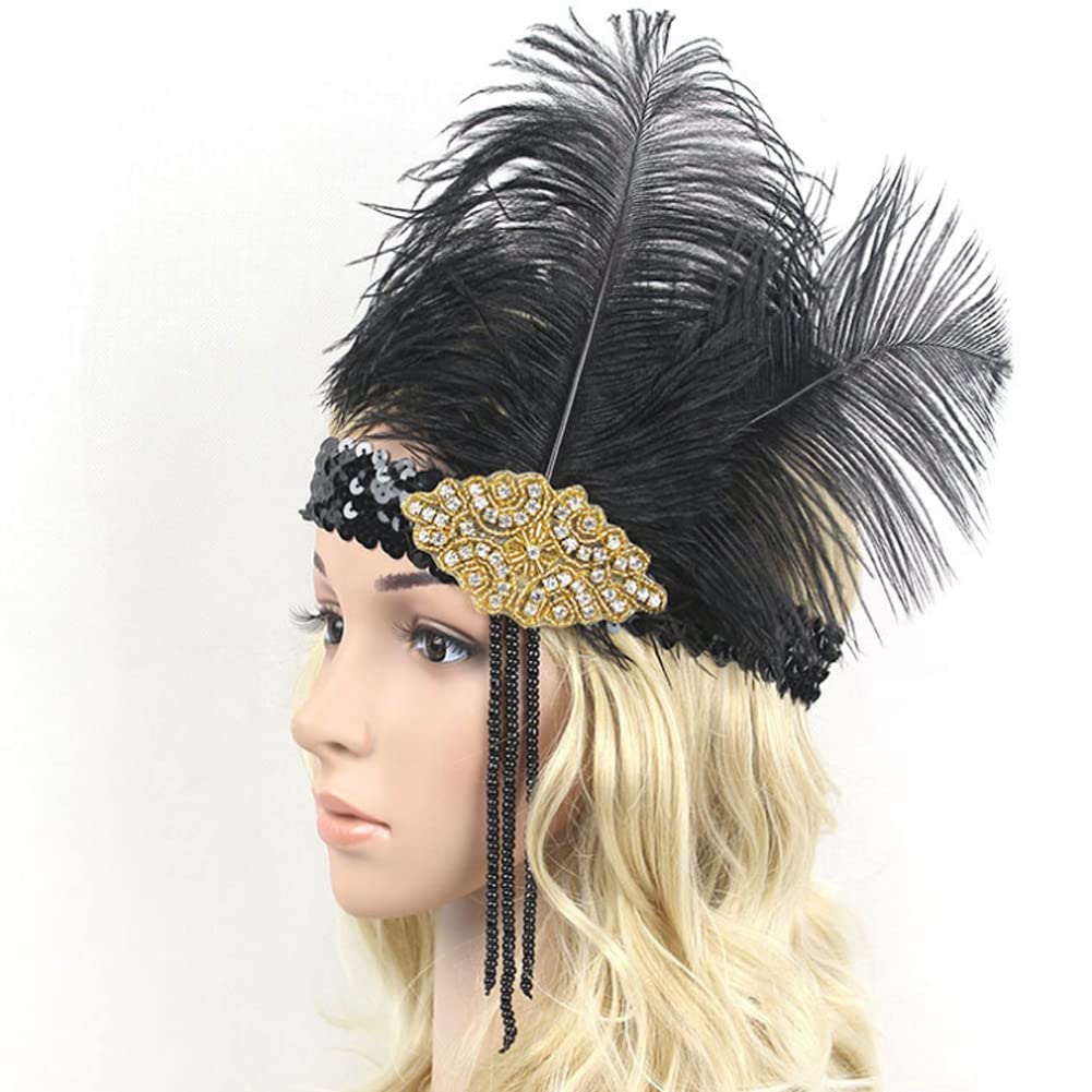 Qivange 1920s Feather Headpiece - Black Feather Headband for Prom, Pageant, Themed Party