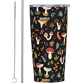 YIKISSKID Mushroom 20oz Tumbler with Lid and Straw for Women Men, Vintage Different Mushrooms Plants Insulated Mug Mushroom Lovers Stainless Steel Tumbler Double Wall Vacuum Travel Mug Coffee Cup