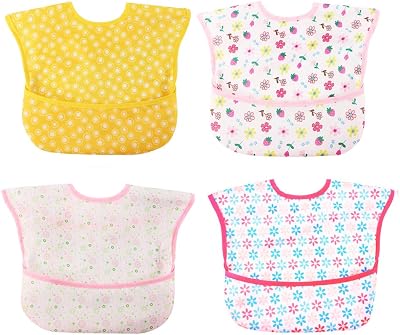 norinori Waterproof Baby Bibs 4 Pack Toddler Feeding Catcher Pocket 6-24M