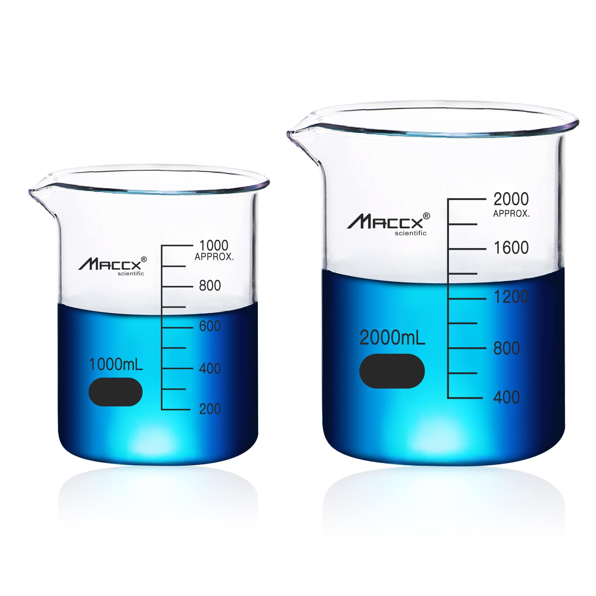 Maccx Sturdy Glass Beakers, 2 Sizes of 1000ml 2000ml,3.3 Borosilicate Griffin Low Form with Printed Graduation, BKLS06-002