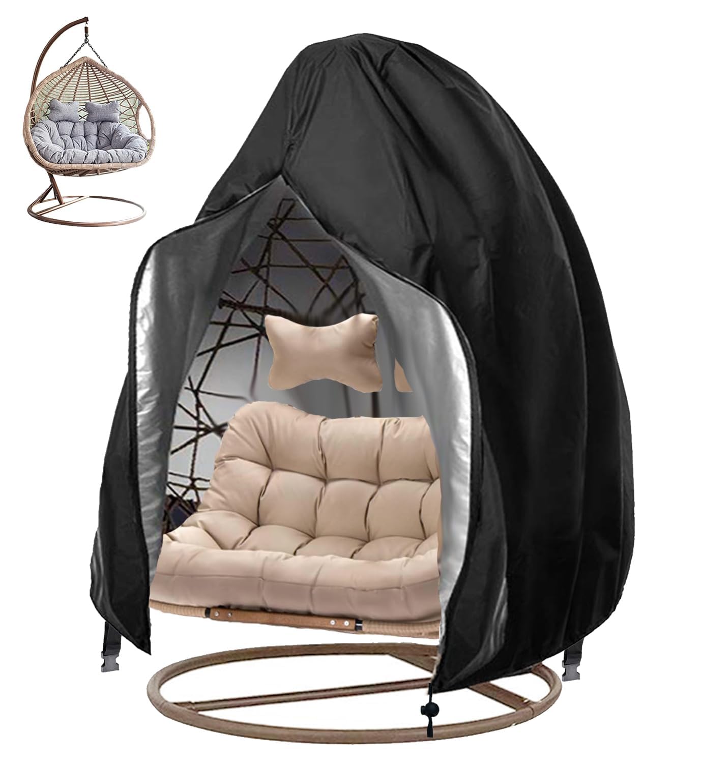 Haipky 420D Waterproof Wicker Egg Chair Cover with Zipper, Heavy-Duty Windproof Outdoor Hanging Chair Cover, 91" x 80", Black, 1 Pack