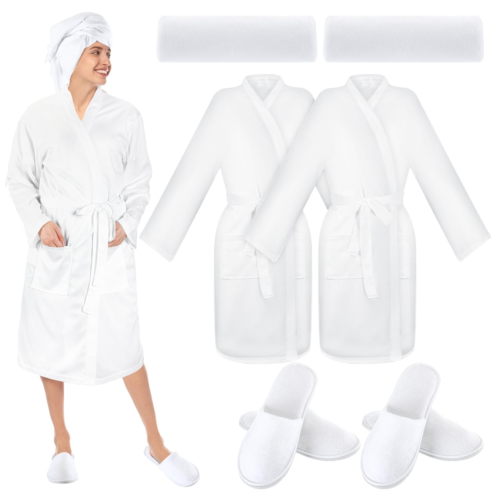 Photo 1 of **MISSING TOWELS**Handepo 2 Sets Waffle Bath Robe Set Unisex Hotel His and Hers Robes Couples Lightweight Knit Spa Bathrobe Slipper Hair Towel(White, SIZE LARGE
