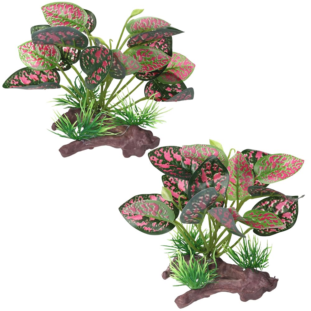 BEGONDIS 2Pcs Reptile Artificial Plants, Terrarium Plants Decorations Supplies, Aquarium Fish Tank Plant, Amphibian Habitat Hideout Tank (Red)