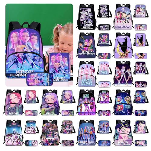 K-KPop D-Demon H-Hunters School Backpack 3 Pack Set Cool Teen School Bag, Fashion Simple Casual Daypacks with Zipper, Lightweight and Stylish, Cool Rucksack for Schools Travel Vacation