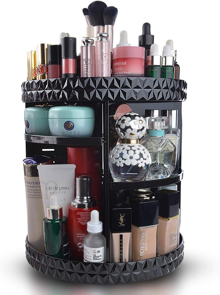 InnSweet 360 Rotating Makeup Organizer, Large Capacity Cosmetic Storage Shelf with 8 Layers, Adjustable Carousel Makeup Storage Rack, Acrylic Black