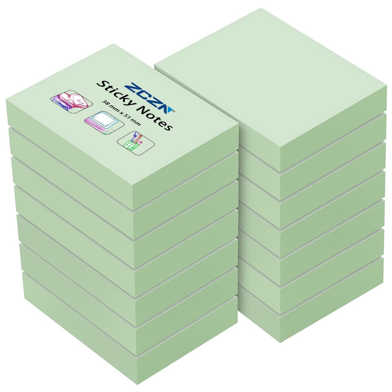 ZCZN Small Sticky Notes 38 x 51mm, 100 Sheets/Pad, 14 Pads, Light Green