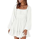 Dokotoo Womens Dress Long Lantern Sleeve Square Neck Tie Backless Sexy Dress Ruffle Elastic Waist A-Line Mini Dress