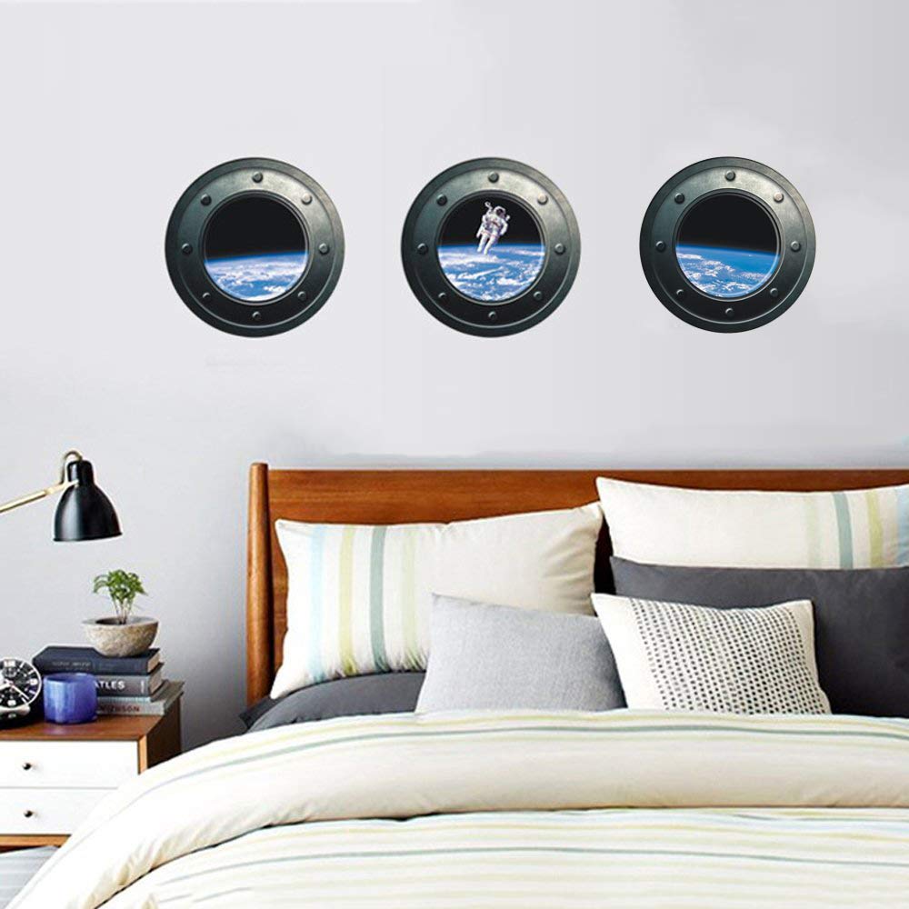 ufengke Astronaut in Outer Space Porthole Wall Art Stickers Imagine Watching Astronaut from a Space Ship Window Creative Decorative Removable DIY Vinyl Wall Decal Living Room, Bedroom Mural