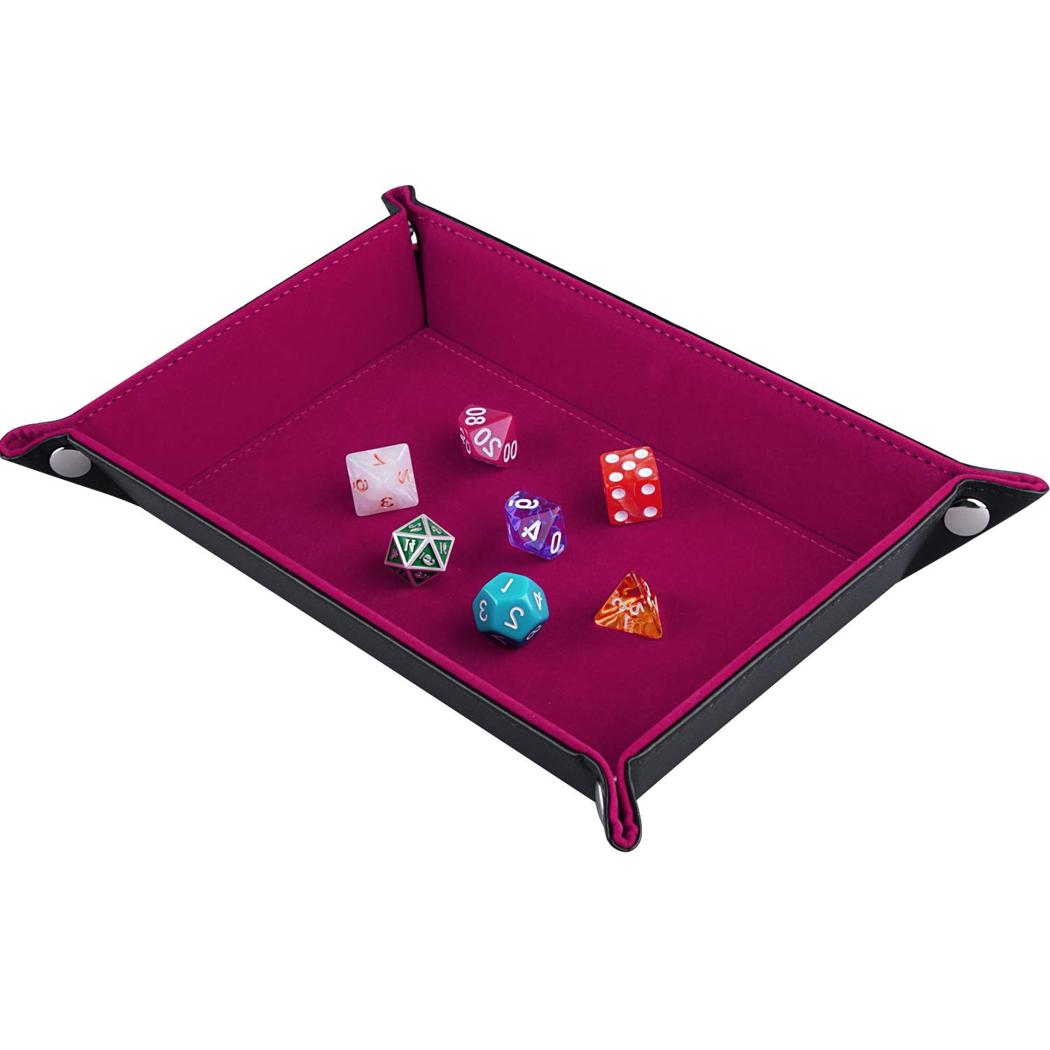SIQUK Double Sided Dice Tray, Folding Rectangle PU Leather and Dark Rose Red Velvet Dice Holder for Dungeons and Dragons RPG Dice Gaming D&D and Other Table Games