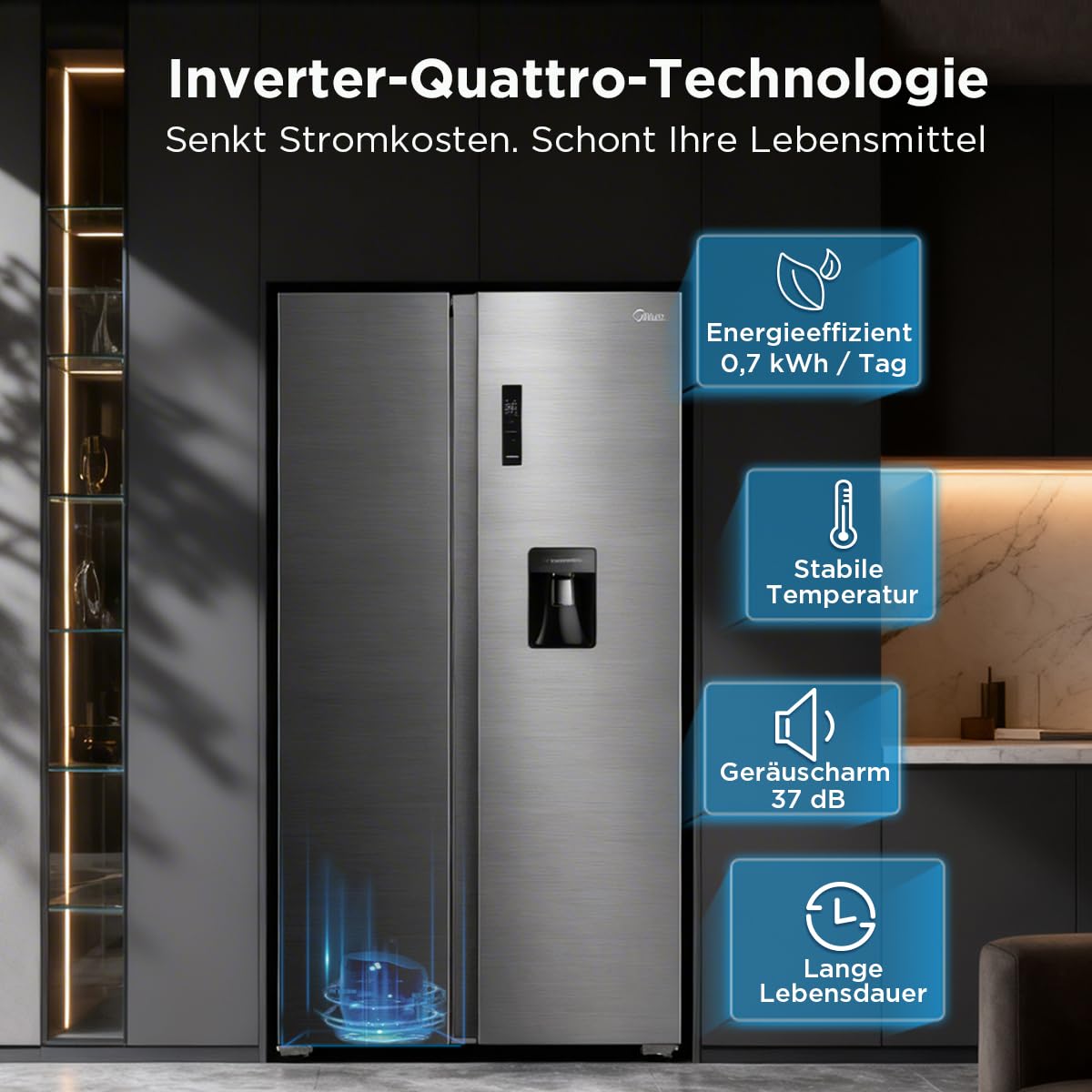 Midea Side-by-Side Kühlschrank 553L, mit Wasserspender ohne Festanschluss, Inverter Kompressor, No Frost, 360° Multi Air Flow, SuperCool & SuperFreeze, 37 dB leise, Steel Gray MDRS710FGD46W 5