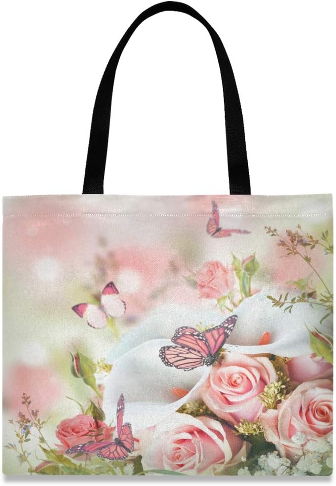 Yellow Roses And White Calla Lilies Butterfly Reusable Shopping Bags Grocery Canvas Tote Bag Cloth Sailcloth Beach Bags Foldable Washable Eco-friendly Craft Canvas Bag for Women Men Girls