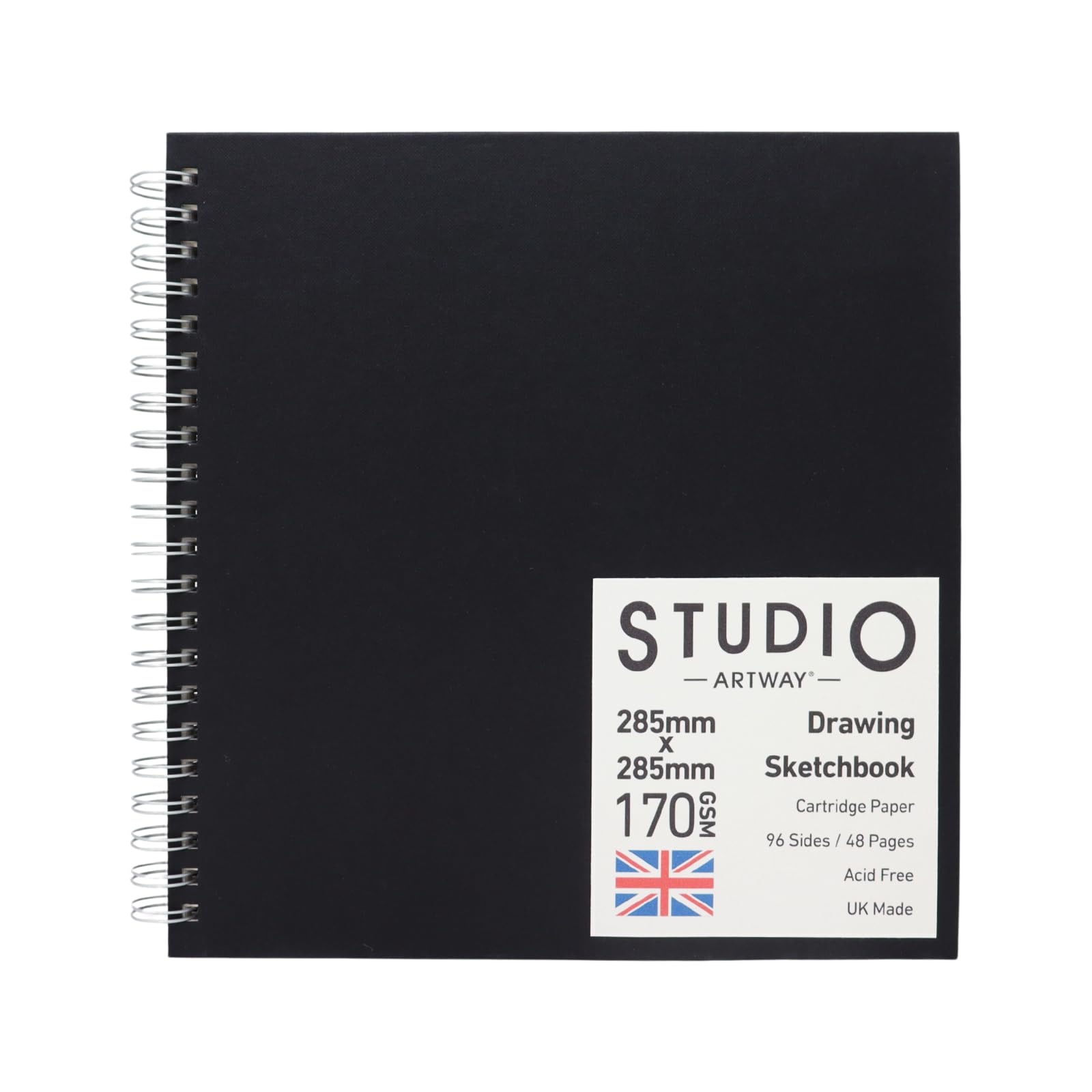 Artway Studio 285mm Square Spiral Bound Sketchbook - 48 Pages (96 Sides) of 170gsm Cartridge Paper - Black Hardcover Drawing Pad for Sketching, Drawing & Illustration