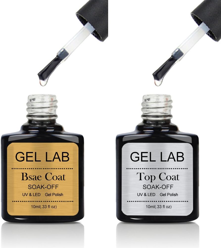 GEL LAB Top Coat and Base Coat Set Soak Off UV LED Gel Nail Polish Top Sealer + Foundation Base Kit High Glossy Shine Finish and Long Lasting - 2 x 10ml