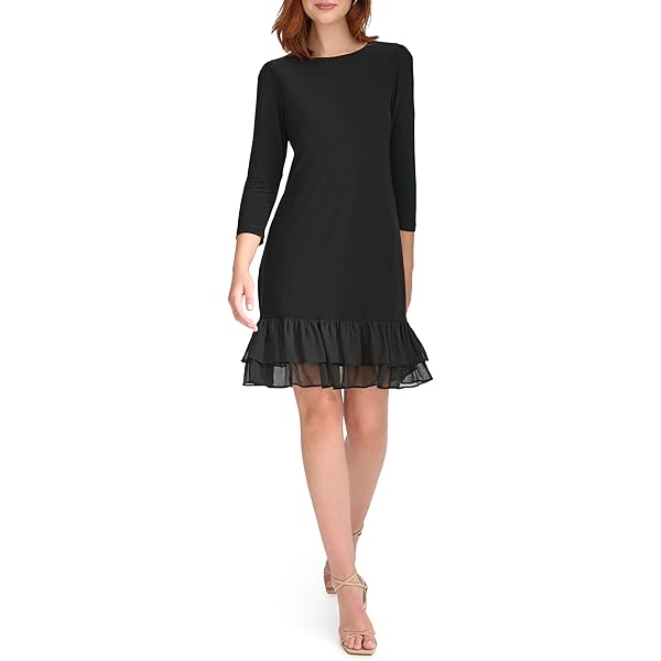 Tommy Hilfiger 3/4 Sleeve Printed Jersey Flounce Hem Shift Black/Cream 8 at  Amazon Women's Clothing store