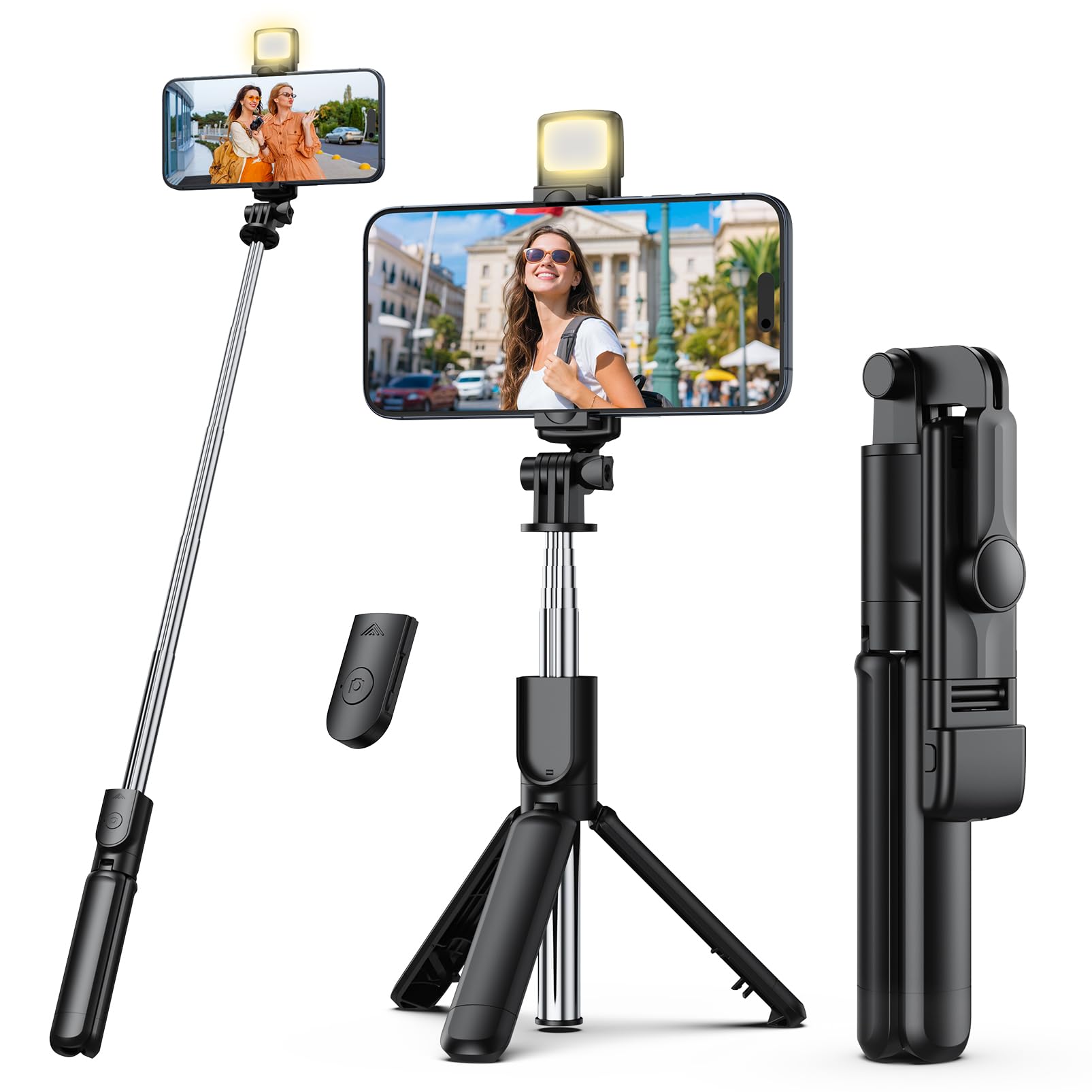 Aourxiv Selfie Stick Tripod with Light, Retractable Selfie Stick Tripod with Wireless Remote Control, for Photograph, Live Streaming, Video Recording, Compatible with 4-7'' Smartphone