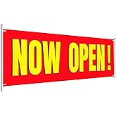 Large Now Open Banner Outdoor Indoor Signs Polyester Oxford Cloth Now Open Sign Hanging Banner for Lawn Outside Business Shop Decoration, 3 x 8 Feet(Red Background with Yellow)