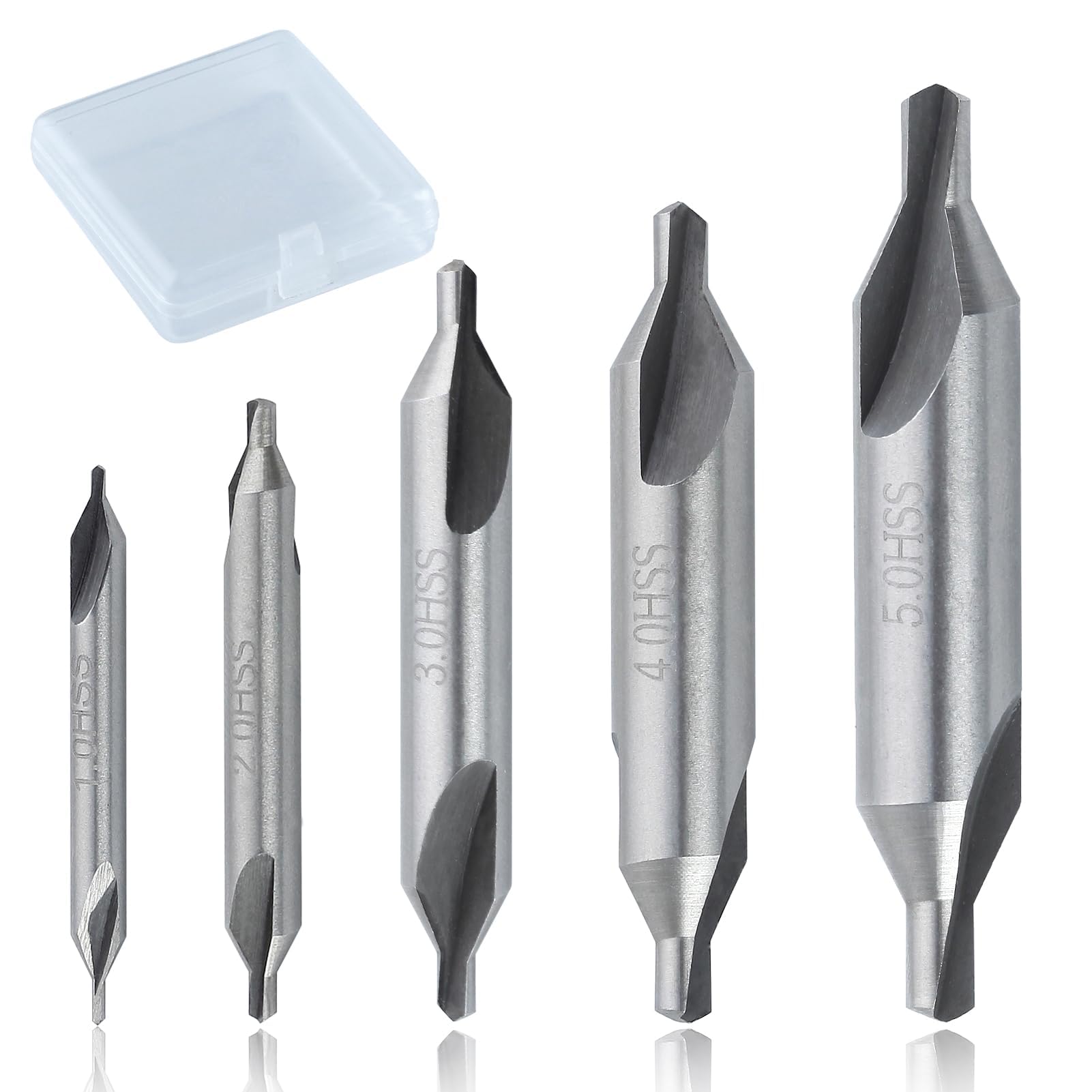 GOLD DEER 5PCS Center Drill Bits Set 60-Degree Angle Center Drill Bits Kit 1/2/3/4/5mm Countersink Tools Angle Countersink Mill Tooling Set for Lathe Metalworking with Storage Box