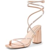 Coutgo Womens Lace Up Chunky Heels Rhinestone Sandals Square Open Toe High Block Heeled Wedding Dress Shoes
