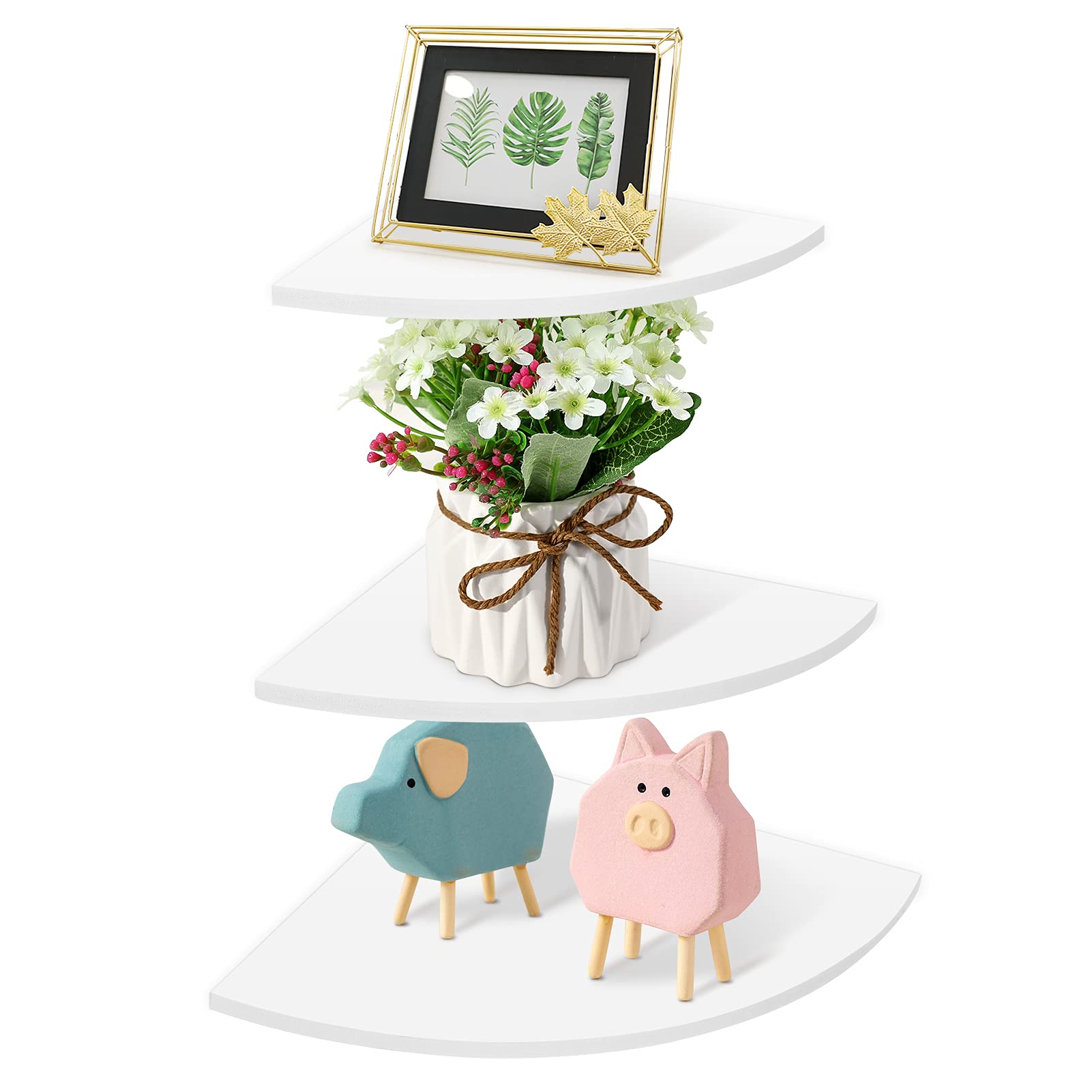 Fan-Shape White Corner Wall Shelf Including the Brackets and Screws, 3 Tier Wall Mounted Corner Floating Shelf Storage Display Rack Bookshelves for Home Furniture and Office Decoration