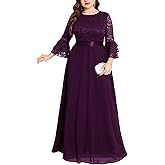 TIARALY Plus Size Maxi Dress Floral Lace Contrast Chiffon Evening Gown Ruffle Bell Sleeve Crew Neck Formal Wedding Guest