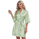 Teemie Women's Satin Robe Short Kimono Bathrobes Bride Bridesmaid Wedding Party Robes Sleepwear with Pockets