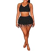 Women 2 Piece Outfits Crochet Skirt Sets Sexy Summer Bandage Crop Tops Tassel Beach Mini Dress