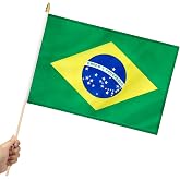 Yingnner 12 Pack Brazil Stick Flags Small 12x18 Inch Brazilian Hand Held Flags with 24 Inch Wooden Pole Decorations