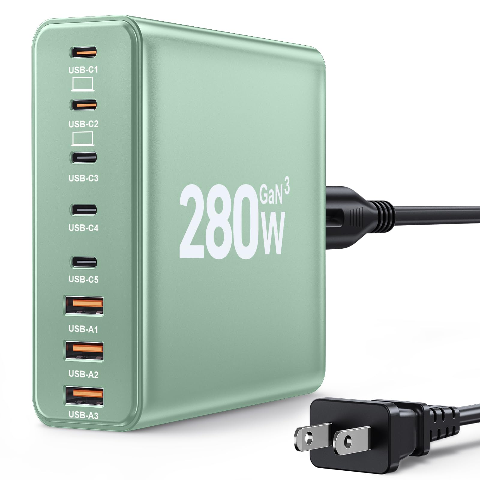 280W USB C Charger Block, 8-Port USB C Charging Station GaN III PD 65W Laptop Charger Adapter Compatible with MacBookPro/Air,DELL,iPad,Portable Charging Station for iPhone,Samsung Galaxy(Green) Image