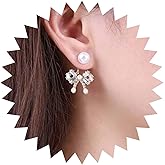 Andelaisi Boho Bow Pearl Ear Jacket Earrings Vintage Crystal Bow Dangle Earrings Silver CZ Bowknot Pearl Earrings Personalized Pearl Stud Earrings Jewelry for Women