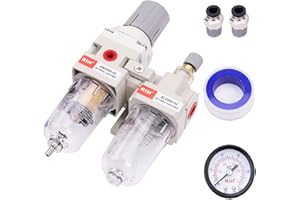 RIH 1/4" NPT Compressed Air Filter Regulator Lubricator Combo Water/Oil Trap Separator - Gauge(0-150 psi), Semi-Auto Drain, Poly Bowl,Bracket - 3 in 1 Two Unit (1/4" NPT)
