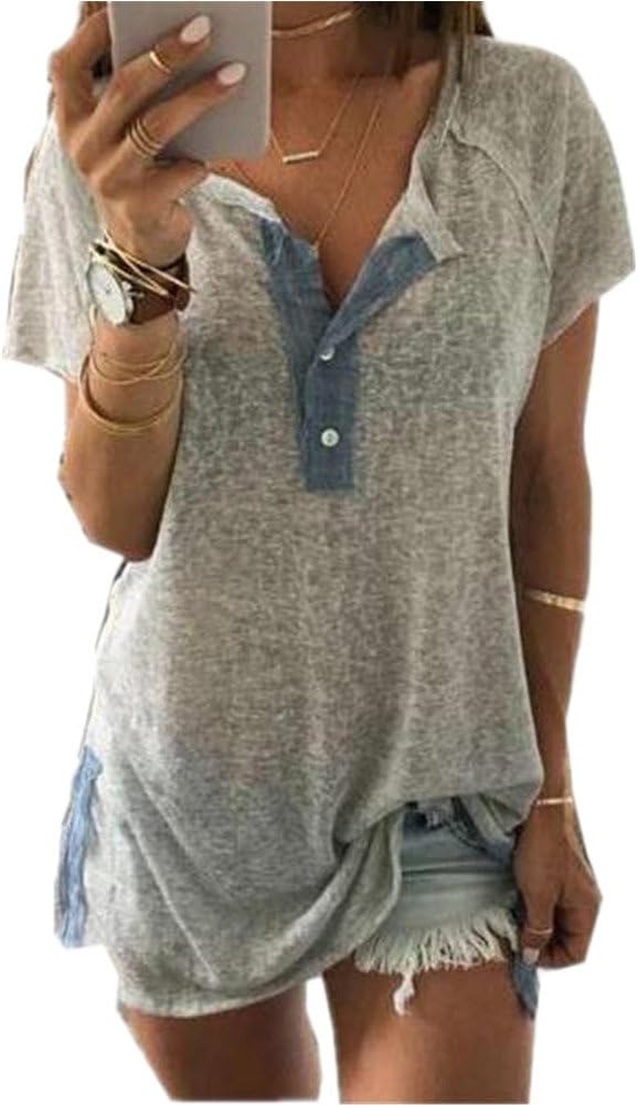 Yusealia Womens Button Shirts Casual Ladies Solid Color Short Sleeve Cute Comfy Tee Shirt Crewneck Blouse Summer Tunic Tops Sweatshirt For Teen Girls (XXL, Gray)
