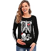 DDSOL Women Halloween Skeleton Maternity Shirt Long Sleeve Pumpkin Skeleton Baby Pregnancy Tops