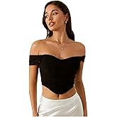 Floerns Women's Off Shoulder Short Sleeve Asymmetrical Hem Ruched Corset Crop Top