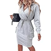 CHICME Womens Pullover Hoodie Dress Long Sleeve V Neck Wrap Drawstring Waist Casual Sweatshirt Dress with Flap Pockets