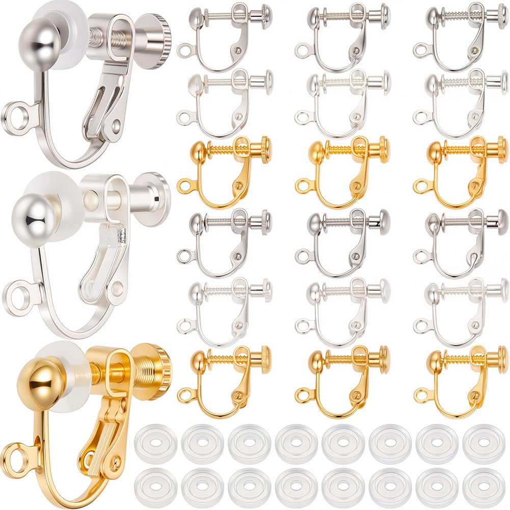 SOFPLATE 1 Box 36Pcs Silver Earring Converter Gold Clip Earrings Backs Brass Non Pierced Screw Back Clip on Ear Components with Silicone Pad Accessories for Jewellery Making Supplies DIY Craft