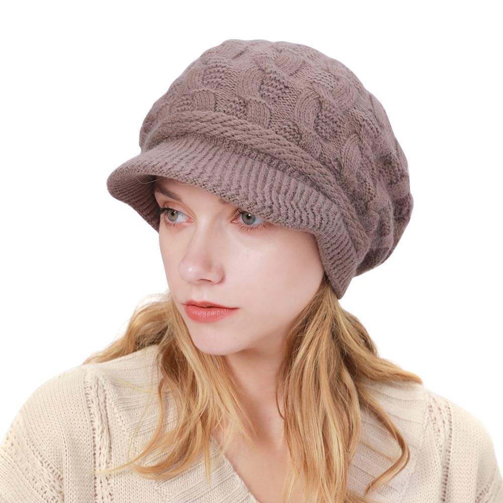 ToVii Womens Winter Hat Beanie Hat with Brim Knitted Newsboy Cap Cable Knit Slouchy Hat Khaki