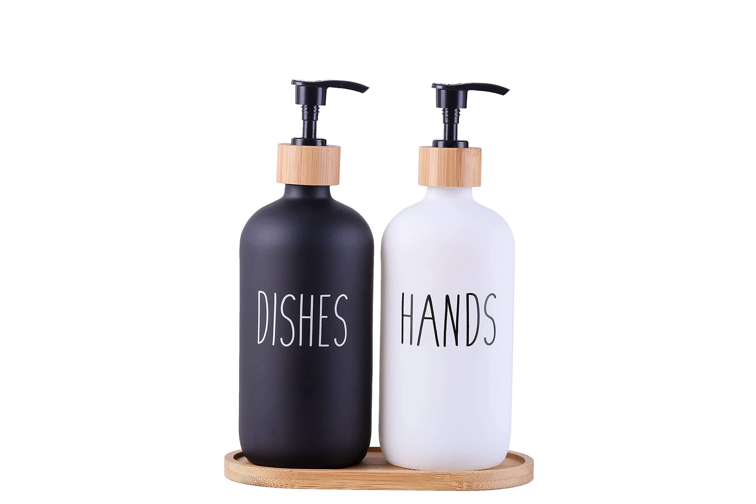 Glass Kitchen Soap Dispenser Set with Tray by Brighter Barns - Hand and Dish Soap Dispenser for Kitchen Sink - Glass Soap Dispenser - Modern Boho Farmhouse Kitchen Decor (Black/White)