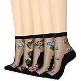 Campsis Women Sheer Socks Black Sheer Ankle Sock With Design Dress Nylon Socks(5 Pairs)