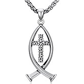 Lattd Christian Jesus Fish Necklace 925 Sterling Silver Jesus Cross Pendant Religious Jewelry, w/Stainless Steel Chain 22”+2”