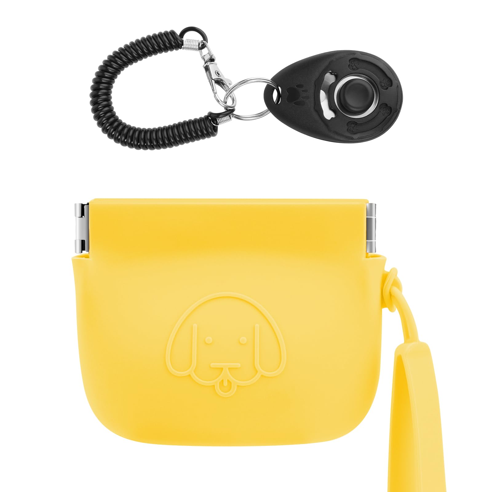 WALLFID Silicone Dog Treat Pouch Small Bag,Auto Closure,with Pet Training Clicker,Walking Bag for Dog and Cat,Pocket Size,Easy to Clean,Odorless,Travel Walking Bag (Yellow)